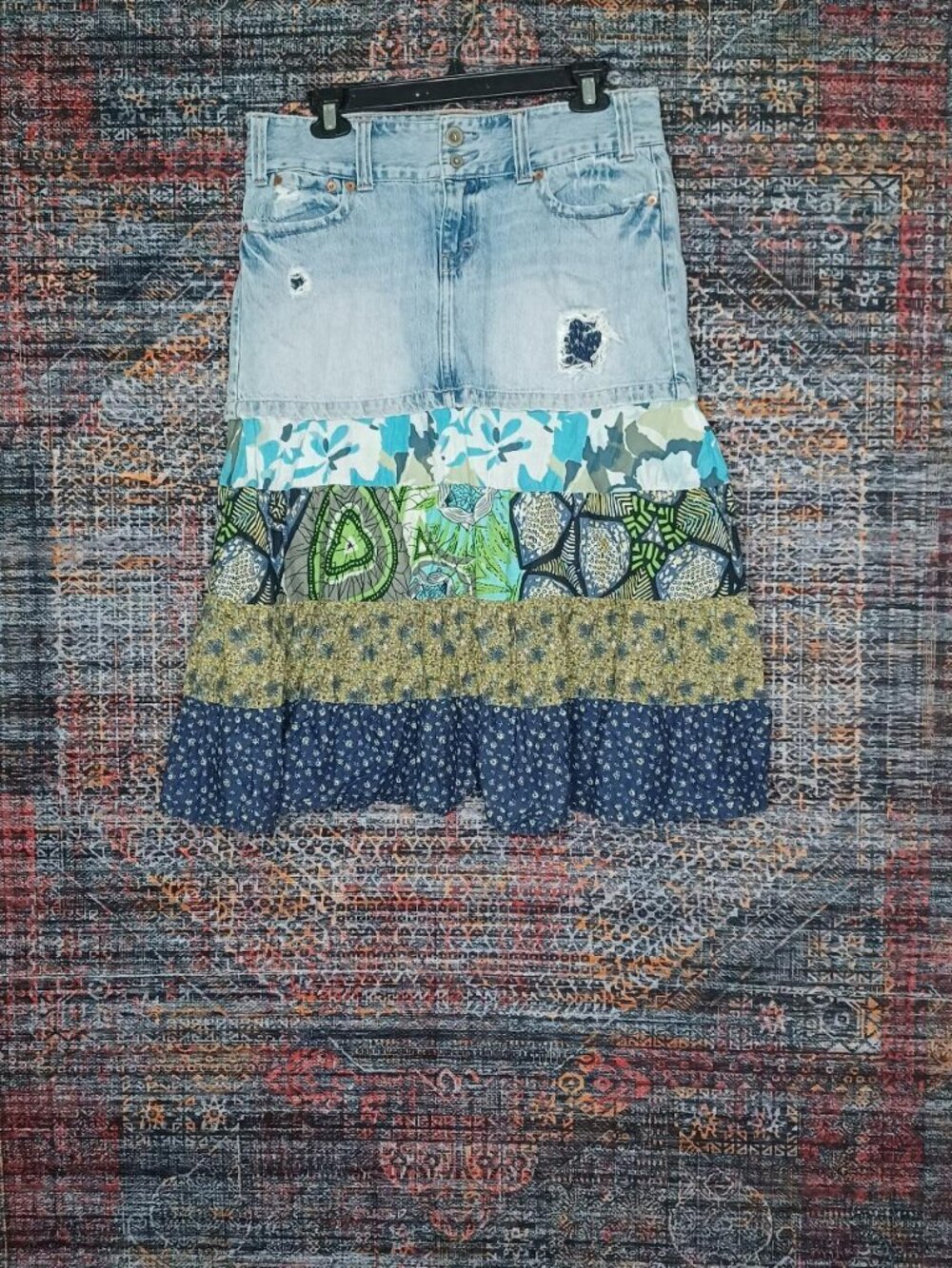 American Eagle womens light wash altered tiered floral flap jean skirt 6